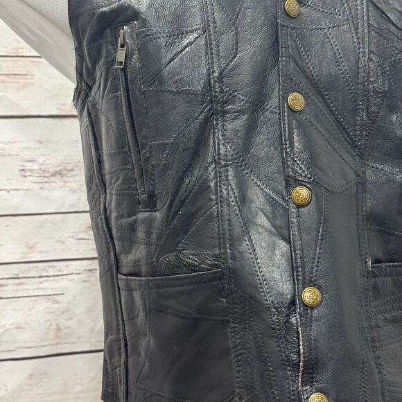 Roberto Amee Black Pigskin Leather Snap Buttons Vest Mens Medium Patchwork Patch - Picture 2 of 10